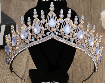Elegant Blue Gold Opal Tiara - Classic Princess Crown with Sparkle, Perfect for Wedding & Photo Shoots, Ideal Bridal Gift, Bridesmaid Gift
