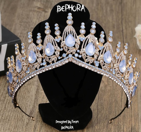 Blue Opal Crystal Tiara: Elegant Gold Princess Crown - Etsy  display picture 1
