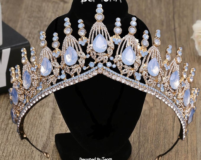 Elegant Blue Gold Opal Tiara - Classic Princess Crown with Sparkle, Perfect for Wedding & Photo Shoots, Ideal Bridal Gift, Bridesmaid Gift