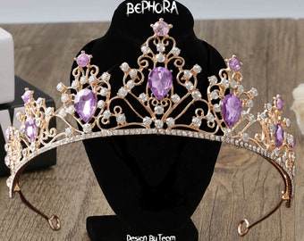 Gold Purple Crystal Wedding Tiara: Princess Jewelry Set
