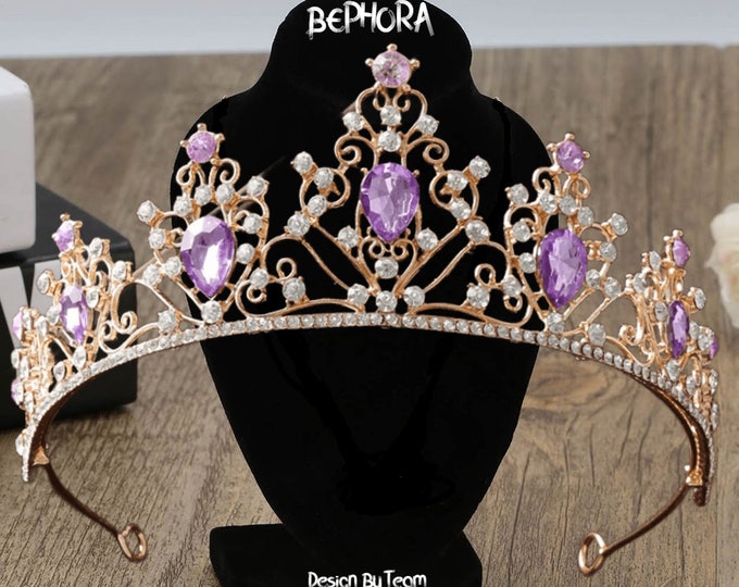 Diadem Wedding NEW Gold Purple Luxury Crystal Princess Jewelry Set Gift Pageant Crown Headpiece Quinceanera Tiara Dress Bridal Accessorie