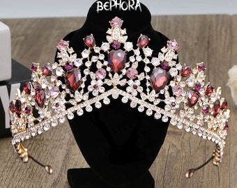 Tiara de boda dorada: Corona nupcial de diamantes de imitación morado oscuro