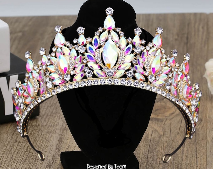 Exquisite Bridal Swarovski Tiara - Gold Silver AB Crystal Wedding Crown, Handcrafted Tiara for Brides, Perfect Wedding Day Accessory Gift