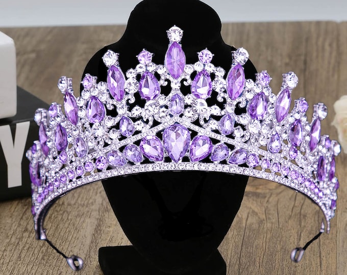 Diadem Wedding Silver Purple Gold Royal Jewelry Set Pageant Crown Necklace Earrings Gorgeous Quinceanera Tiara Sweet 16 Bridal Accessories