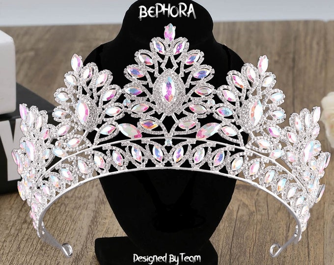 Iridescent Baroque Quinceanera Crown- AB Crystal Silver Bridal Tiara, Wedding Headpiece Crown, Prom Jewelry, Quinceanera Heart Crystal Crown