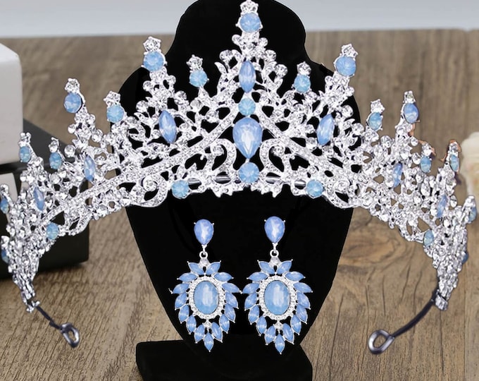 Light Blue Opal Bridal Tiara Set - Elegant Quinceanera Crown with Matching Earrings - Perfect Sweet 15 or Wedding Gift Quinceanera Accessory