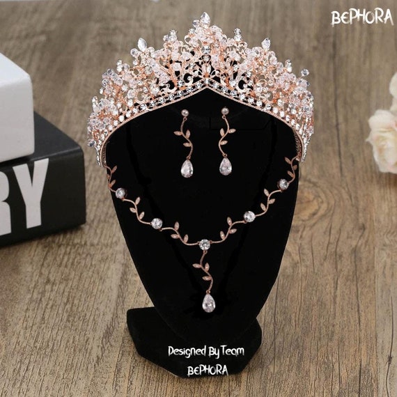 Rose Gold Baroque Crystal Crown and Earrings: Bridal Jewelry  display picture 1
