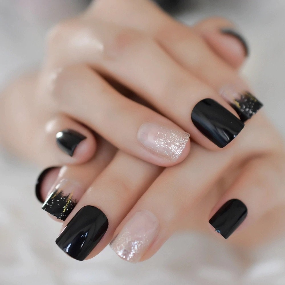 BEPHORA Handmade Glitter Shape Black Ongle Stiletto Nails Full | Etsy