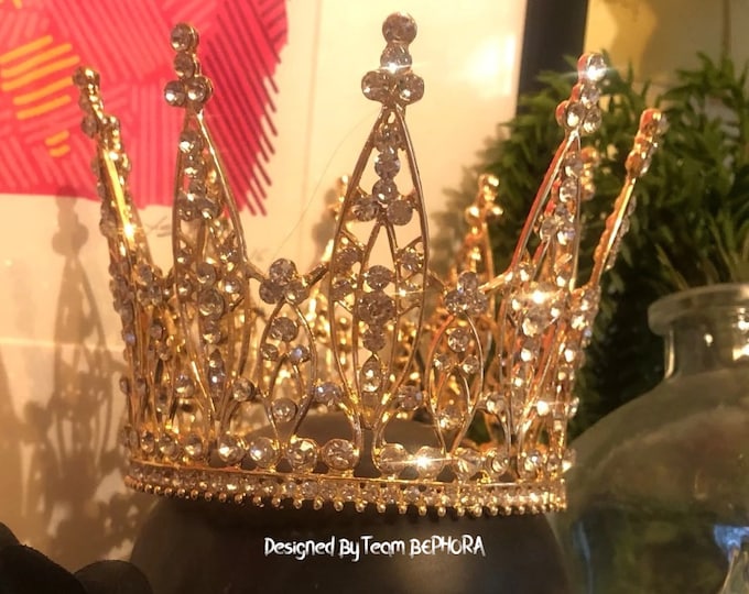 BEPHORA Handmade Rose Gold/Gold Large Full Circle Rhinestones Queen Pageant Crown Bridal Hair Jewelry Wedding Dress Accessories,Gold tiara