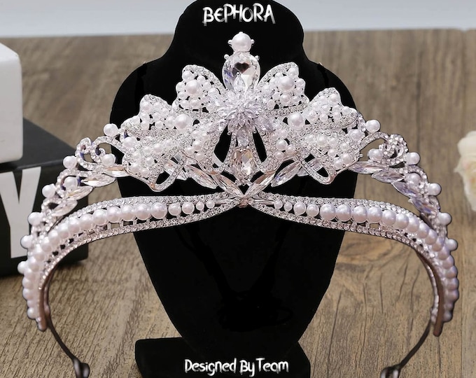 Handmade Princess NEW Jewelry Large Full Circle Rhinestones Queen Pageant Crown Bridal Hair Jewelry Wedding Dress Accessories, Pearl Tiara