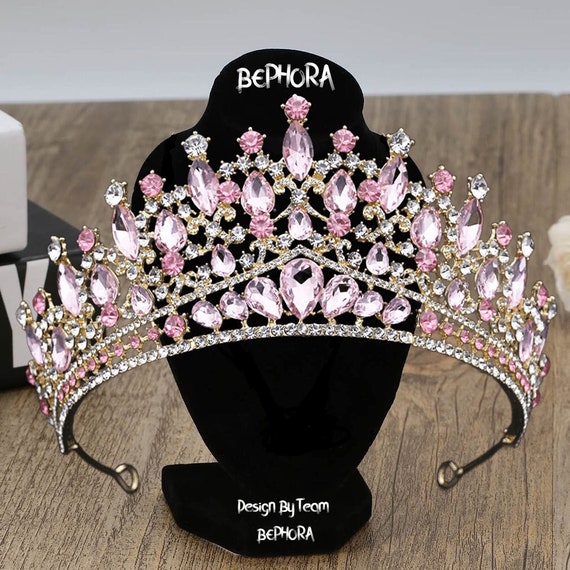 Baroque Wedding Crown: Luxury Pink Crystal Rhinestone Tiara  display picture 2