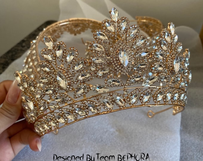 BEPHORA Handmade New Vintage Gold Queen King Fashion Baroque Crystal Diadem Veil Bride Rhinestone Tiara Crown Women Jewelry Accessories
