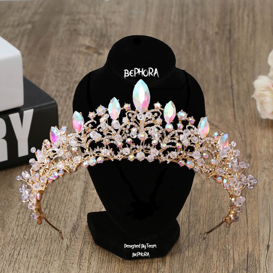 Iridescent Crystal Bridal Tiara: Gold Quinceanera Crown  display picture 2