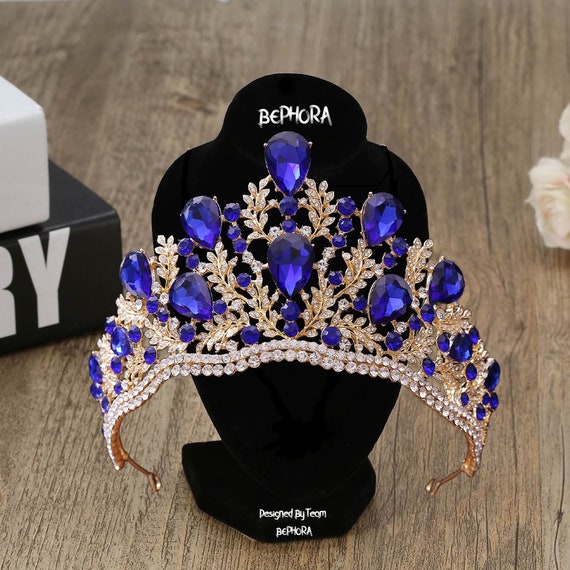 Handmade Crystal Bridal Tiara: Baroque Queen Crown, Blue  display picture 1