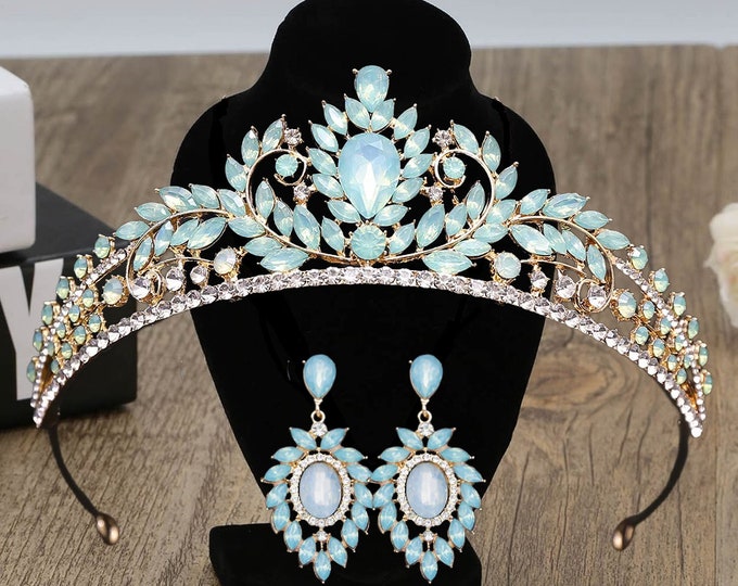 Green Opal Bridal Tiara & Jewelry Set - Handcrafted Light Green Crown with Necklace Earrings, Perfect for Quinceanera or Wedding Gift