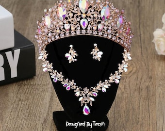 Iridescent Crystal Quinceañera Crown: Gold AB Wedding Tiara with Earrings & Necklace