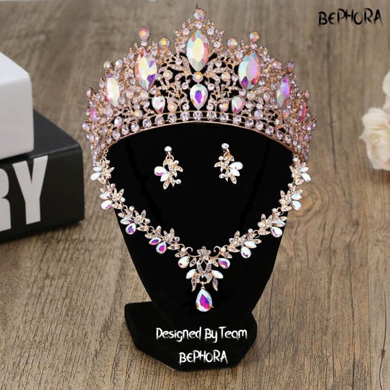 Iridescent Crystal Quinceañera Crown: Gold AB Wedding Tiara 