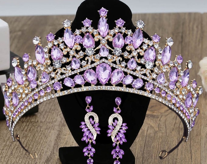 Gold Purple Crystal Tiaras and Crowns Pendant Earrings Rhinestone Headbands for Women Bride Wedding Hair Jewelry Sets, Bridesmaids Jewelry