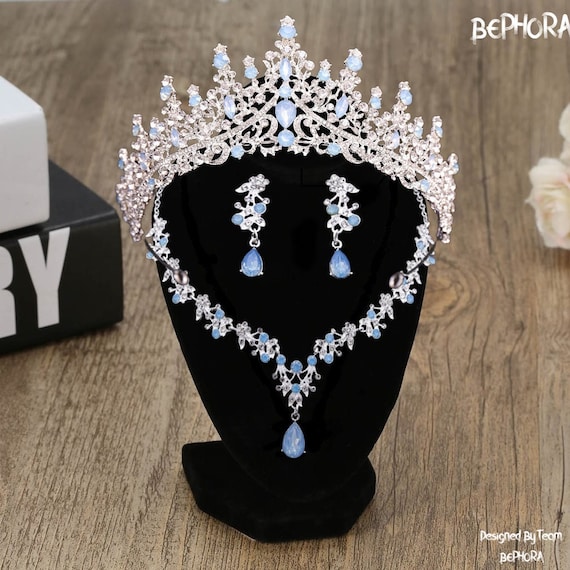 Light Blue Opal Quinceañera Tiara and Crown With Necklace and