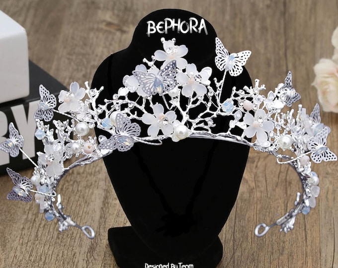 Bridal Crown - Shimmering NEW Silver Tiara with Delicate Butterfly Design, Perfect Floral Headpiece for Wedding Elegance, Floral Bridal