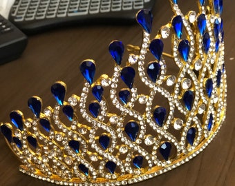 BEPHORA Handmade Princess Large Rhineston Blue Bride Headdress Luxury Queen Tiaras Crowns Women Half Circle Diadem Wedding Hair Jewelry