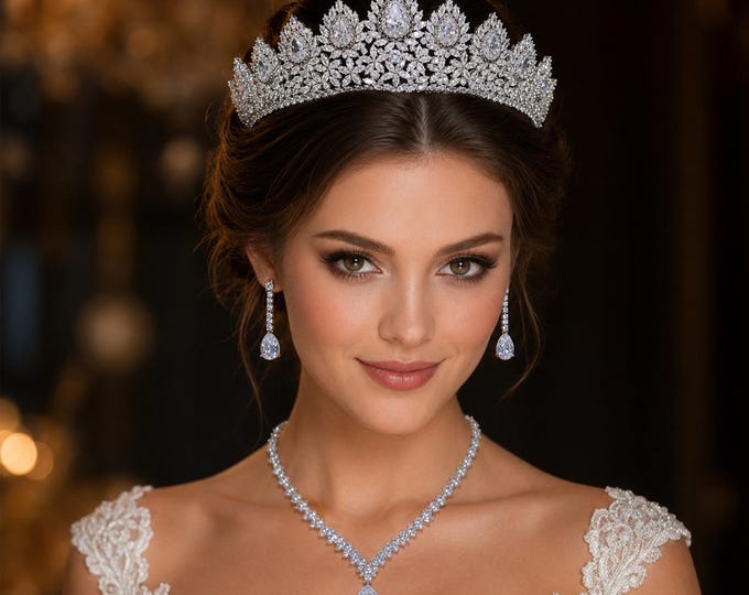 Crystal Bridal Tiara Necklace Earrings Set, Silver Royal Wedding Jewelry 20