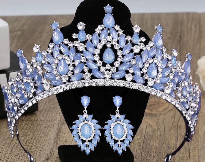 Diadem Wedding Blue Silver Light Royal Jewelry Set Pageant Rhinestone Crown Earrings Gorgeous Quinceanera Tiara Sweet 16 Bridal Accessories