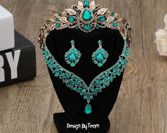 Green Baroque Bronze NEW Quinceanera 15 Crown, Green Tiara, Necklace and Earrings, Bridal Jewelry Set, Wedding Headpiece Crown, Prom Jewelry