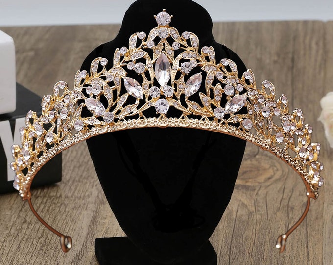 Diadem Wedding Vintage Gold Rhinestone Pageant Jewelry Set Pageant Crown Necklace Earrings Quinceanera Tiara Sweet 16 Bridal Accessories