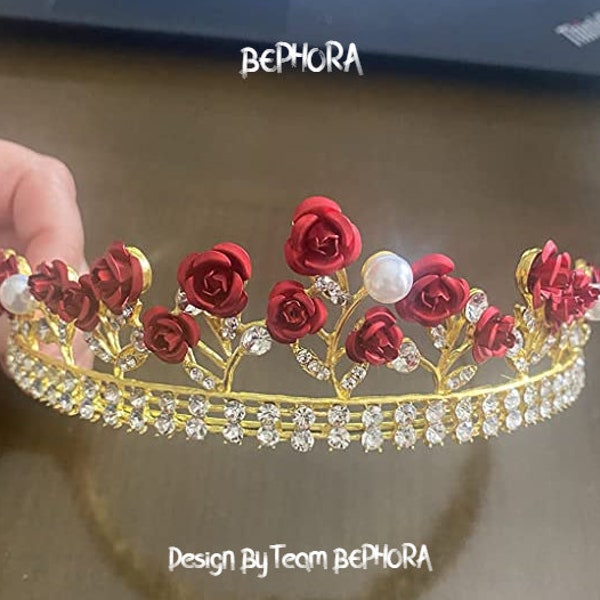 Vintage Pretty Romantic Red Rose Tiara - Rhinestone Tiara Bride Wedding Headband Gold Color Bride Wedding Headpiece, Red Roses Tiara