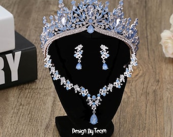 BEPHORA Opal Tiara and Jewelry Set for Brides - NEW Light Blue Quinceanera Crown, Sweet 15 Opal Necklace Earrings, Unique Bridal Shower Gift