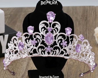 Purple Crystal Rhinestone Wedding Tiara: Silver Princess Crown