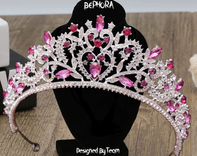 Vintage Pretty Romantic Red Rose Crown Handmade Crystals Rhinestone Tiara Bride Wedding Headband Silver Women Headpiece, Red Roses Tiara