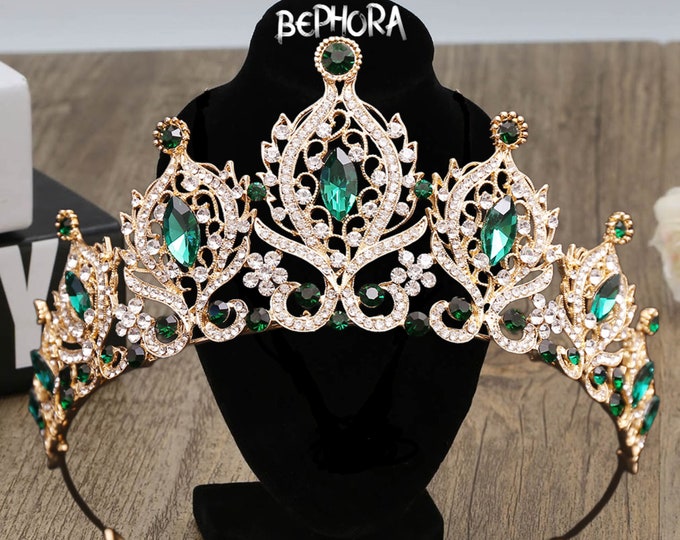 Diadem Wedding Gold Gold Crystal Royal Jewelry Set Pageant Crown Necklace Earrings Headpiece Quinceanera Tiara Sweet 16 Bridal Accessories