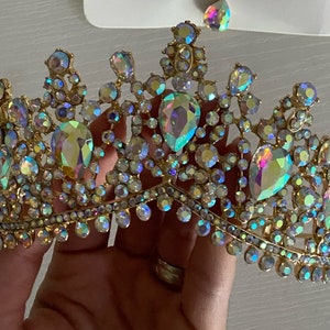 Handmade Gold Rhinestone Queen Tiara: Colorful Wedding Hair Accessory
