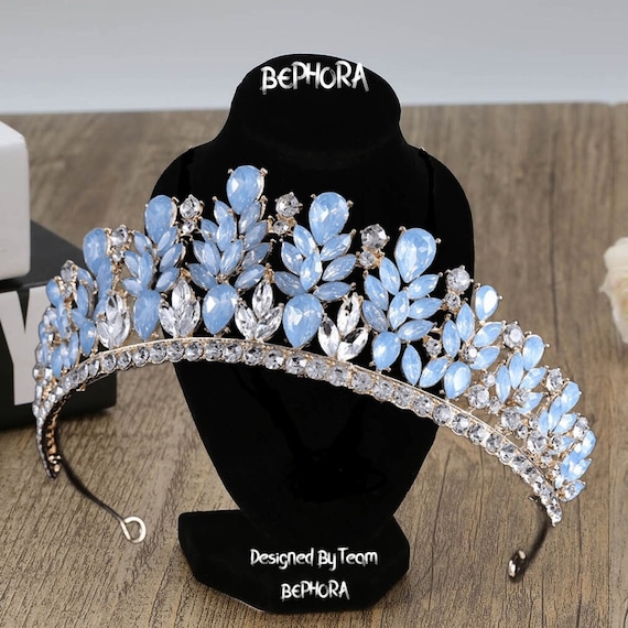Silver Tiara with Bright Blue Crystal Accents Sparkling Swarovski Crystal Wedding Tiara with Blue – La  main image 3