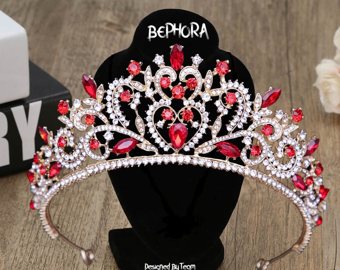 BEPHORA Red Crystal Quinceanera Crown - Red Gold Crystal Wedding Crown, Rhinestone Bridal Tiara, Bridal Crown Tiara, Red Royal Wedding Tiara