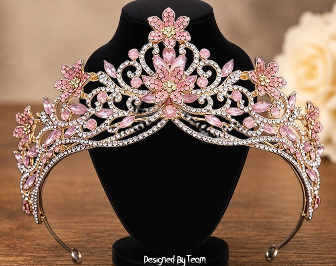 Pink Gold Light SET Opal Tiara, Crown, Necklace, Earrings Set, Bridal Jewelry, Sweet 15