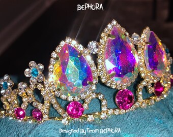 Handmade Baroque Tiara: Multicolored Crystal Wedding Crown
