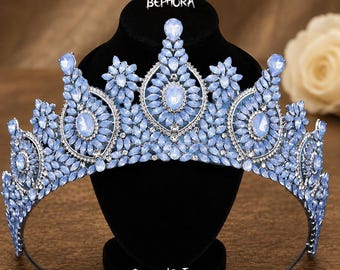 Light Blue Opal Quinceanera Tiara Crown, Necklace Earrings Set, Bridal Jewelry