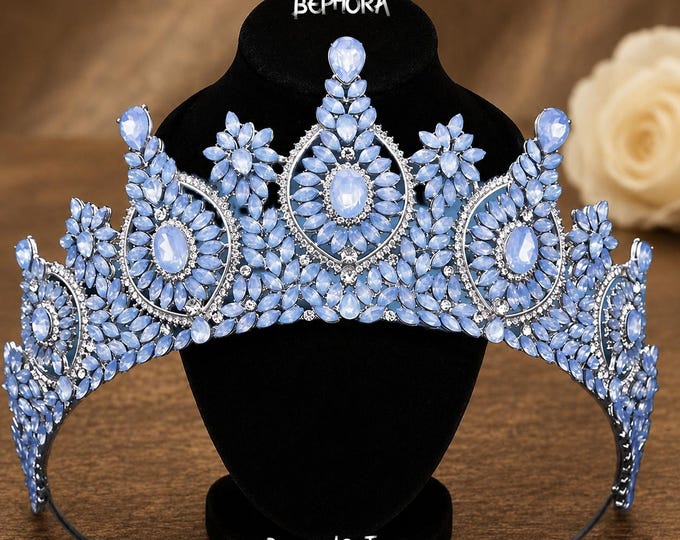 Light Blue Opal Quinceanera Tiara Crown, Necklace Earrings Set, Bridal Jewelry