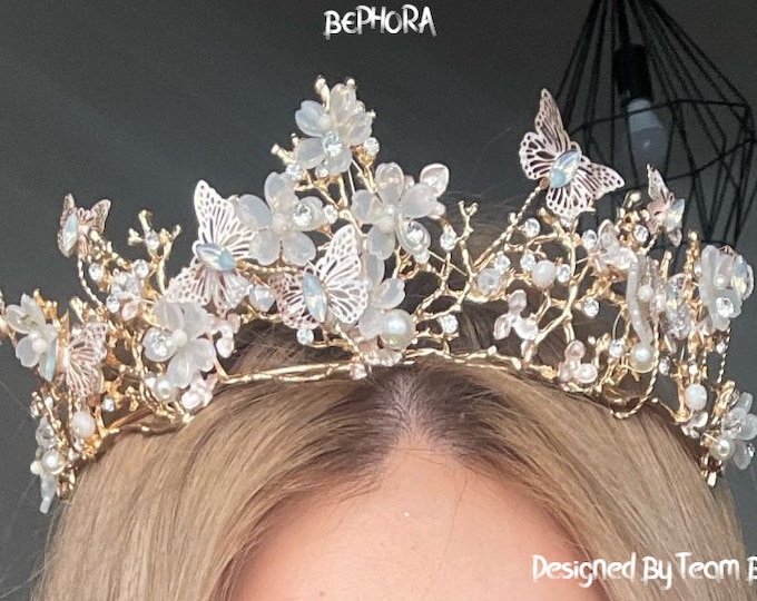 BEPHORA Handmade Luxury Crystal Beads Pearl Butterfly Costume Sparkling Crystal Bridal Rhinestone Headdress Luxury Queen Tiara Crown Women