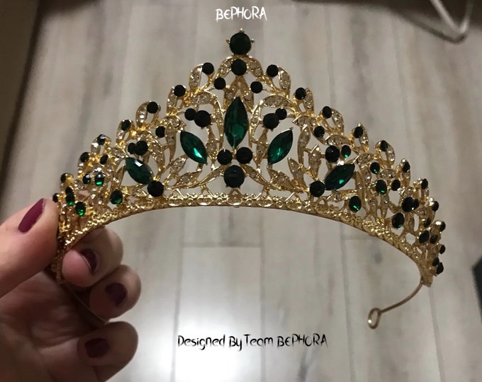 BEPHORA Handmade Fashion Green Princess Luxury Headband Rhinestone Bride Headdress Girl Queen Tiaras Crowns Women Prom Diadem Hair Jewelry