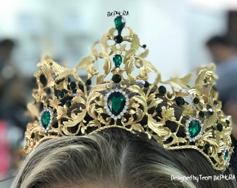 Handmade Green Rhinestone Queen Crown: Wedding Tiara Headpiece