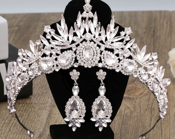 Vintage Silver Jewelry Set Baroque Quinceanera  tale crowns, floral tiaras, cosplay crown, fantasy tiara, princess wedding crown Earrings