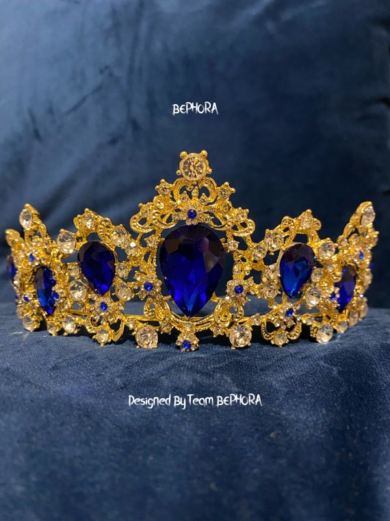 Vintage Gold Tiara with Bright Blue Crystal Gems Vintage Royal Queen Teardrop Rhinestone Diadem Tiaras Crown  main image 4
