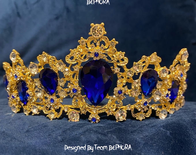 BEPHORA Handmade Vintage Gold Blue Rhinestone Branch Tiaras and Crowns Women Pageant Prom Diadem Ornaments Wedding Hair Jewelry Accessori