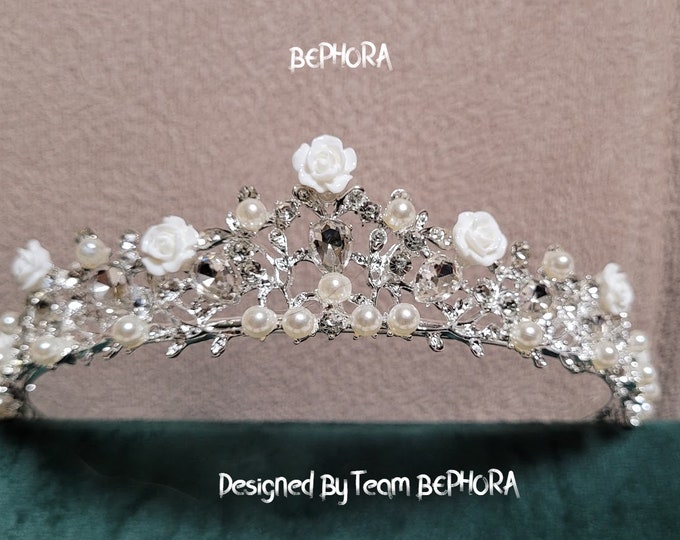 Bridal Wedding Crown Hair Accessories - Silver Pearl Rhinestone Crystal Tiara Crown, Princess Birthday Prom Pearl Crown, Bridal with Flower