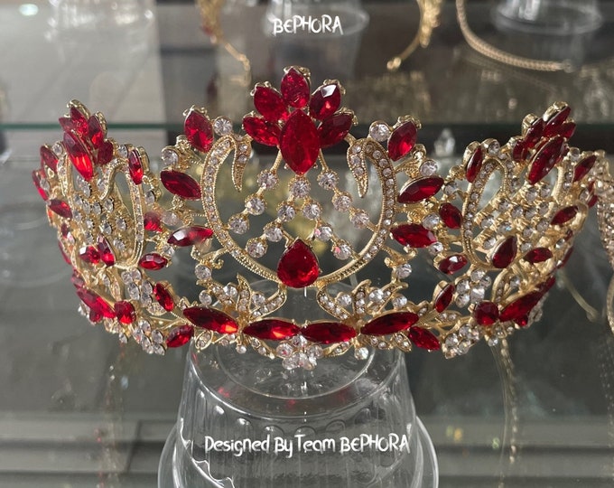 BEPHORA Handmade Fashion Princess Red Rhinestone Pageant Vintage Crystal Bridal Bride Headdress Girls Queen Tiaras Crowns Women Hair Jewelry
