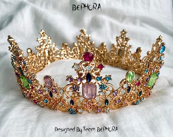Tiara de casamento artesanal dourada com strass: Coroa de Rainha de Cristal